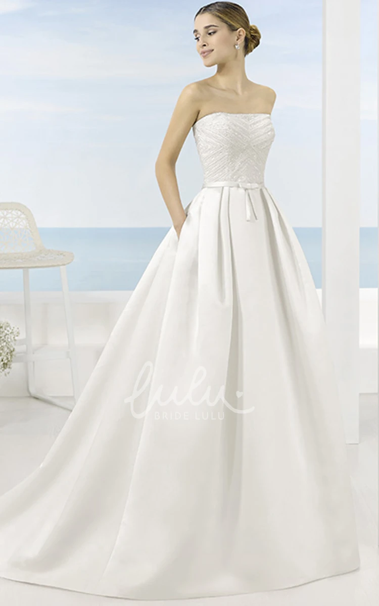Sleeveless Satin Wedding Dress with Low-V Back and Chapel Train in A-Line Style