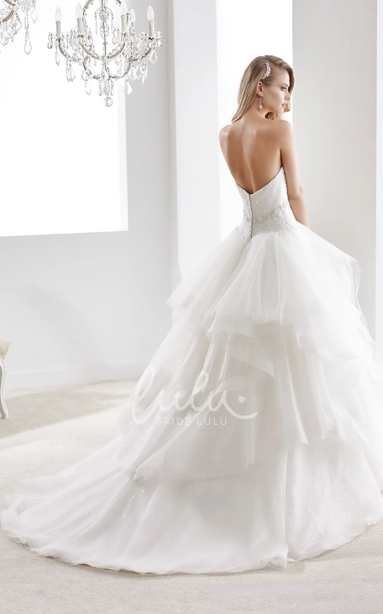 Ruffled Beaded Belt A-Line Wedding Dress with Strapless Open Back