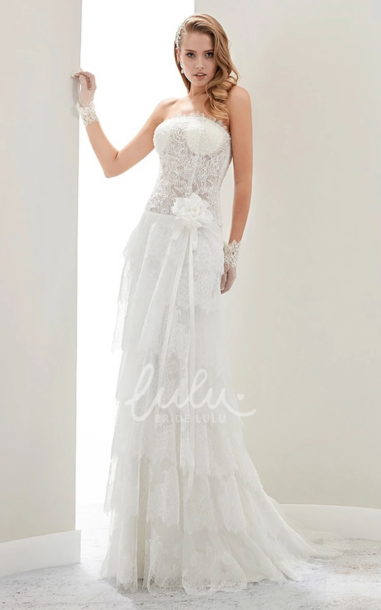 Flower Draping Lace Corset Wedding Dress with Side-split Overlayer and Strapless Design