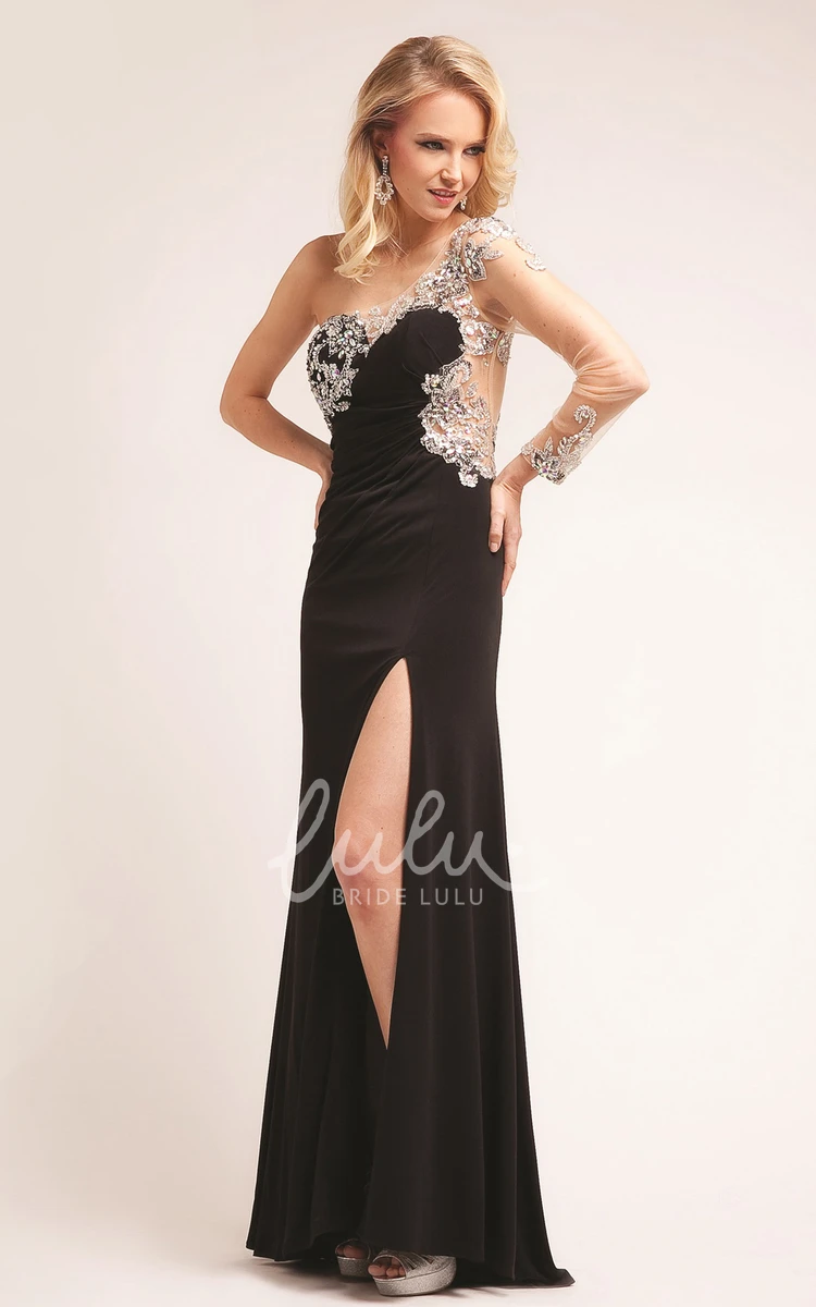 Split Front One-Shoulder Jersey Formal Dress with Beading Sheath Sleeveless