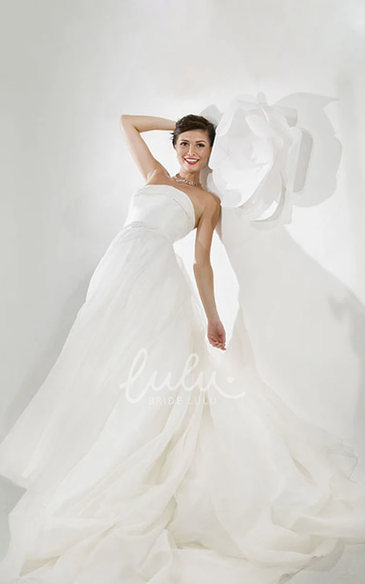 A-Line Strapless Satin Wedding Dress with Chapel Train and Backless Style Sleeveless Long