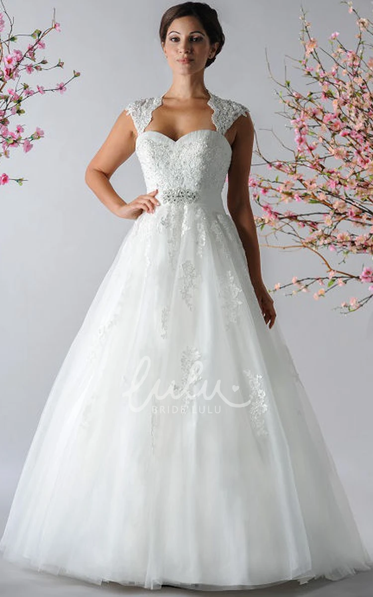 A-Line Tulle Bridal Gown with Cap Sleeves and Crystal Sash Wedding Dress