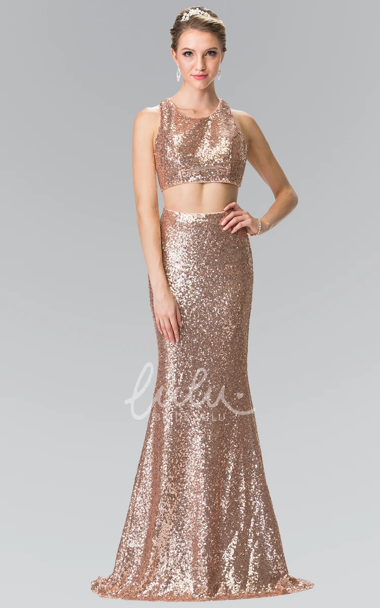 Two-Piece Sequin Sheath Maxi Dress with Scoop Neck Unique Prom Dress