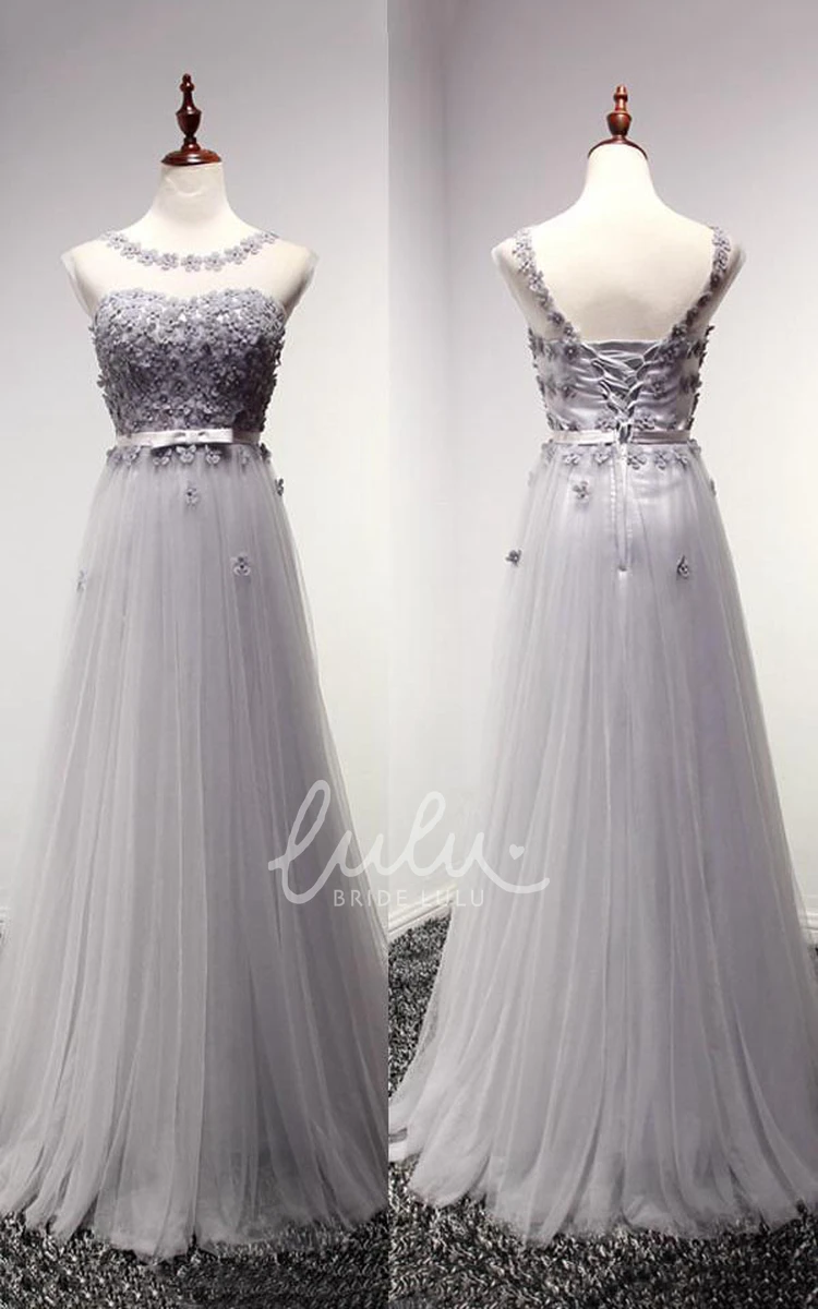 Appliques Tulle Lace-up Back Dress Elegant Long Bridesmaid Dress