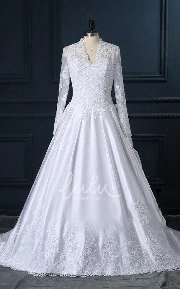 Lace V-Neck Long Sleeve Wedding Dress with Button Elegant 2024 Women's Gown