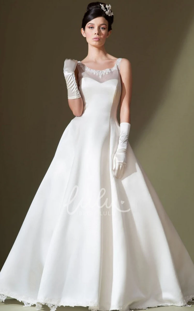 Sleeveless Satin Bateau Wedding Dress with Appliques and Low-V Back