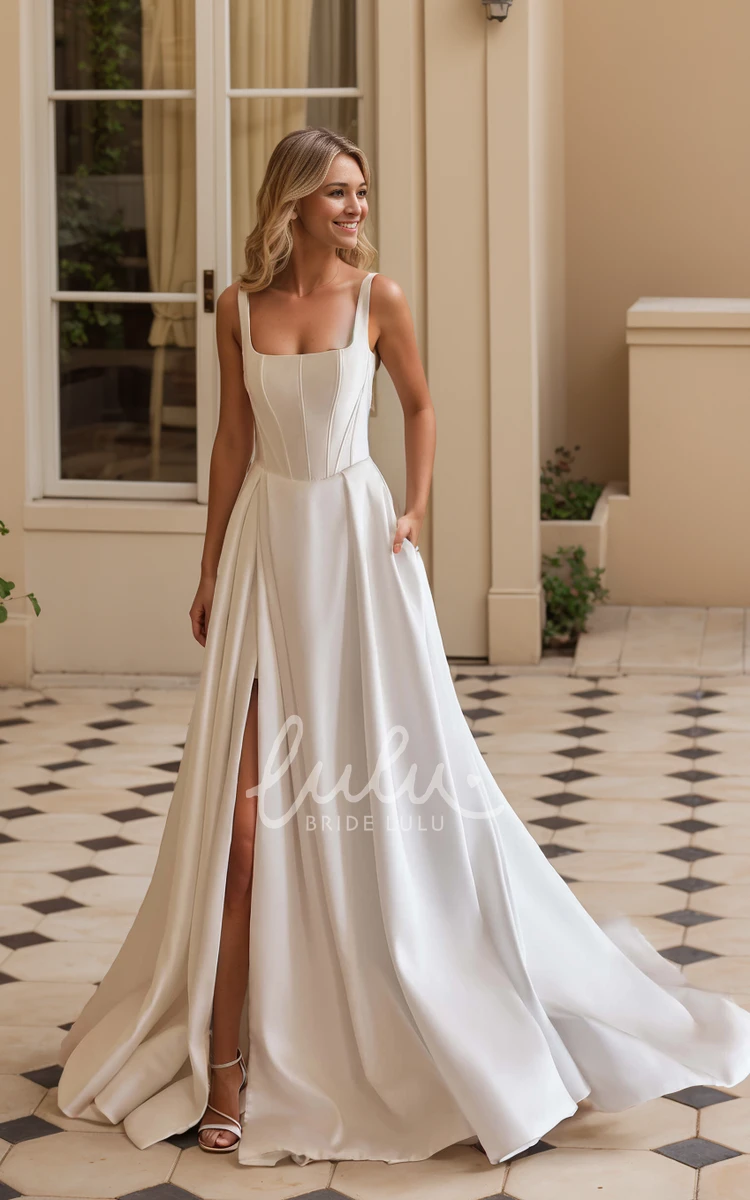 Sexy Modern A-Line Wide Strap Square Neckline Wedding Dress with Pocket Minimalist Elegant Split Front Low Back Pocketed Bridal Gown