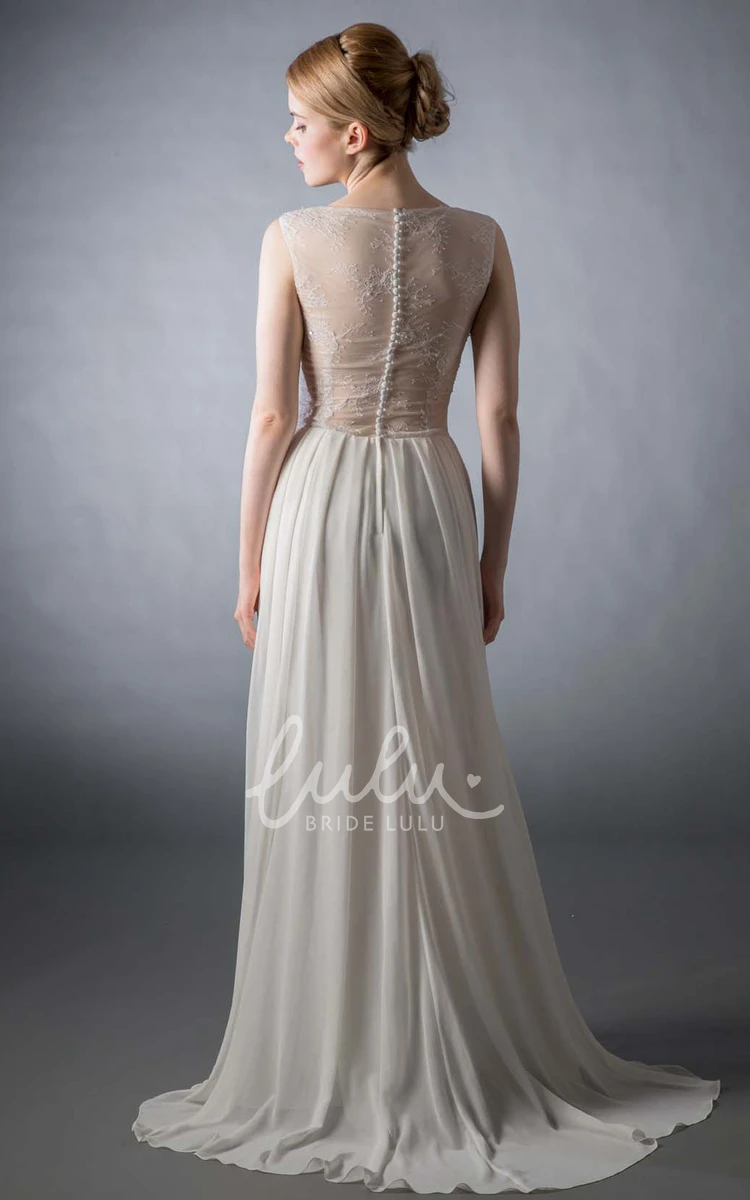 Sheath Beaded Satin&Chiffon Wedding Dress with Scoop Cap-Sleeve & Illusion Back