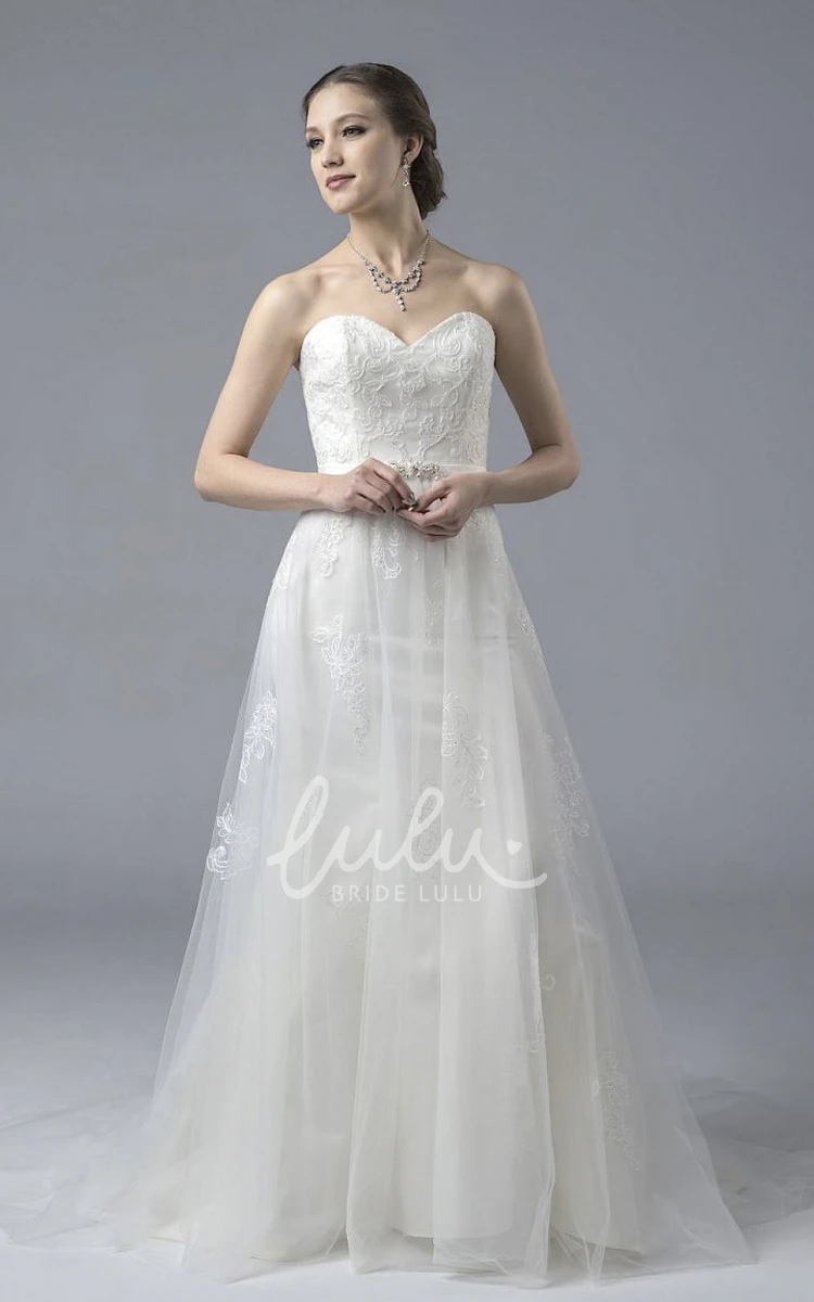 Lace Applique A-line Tulle Sweetheart Wedding Dress with Open Back Buttons