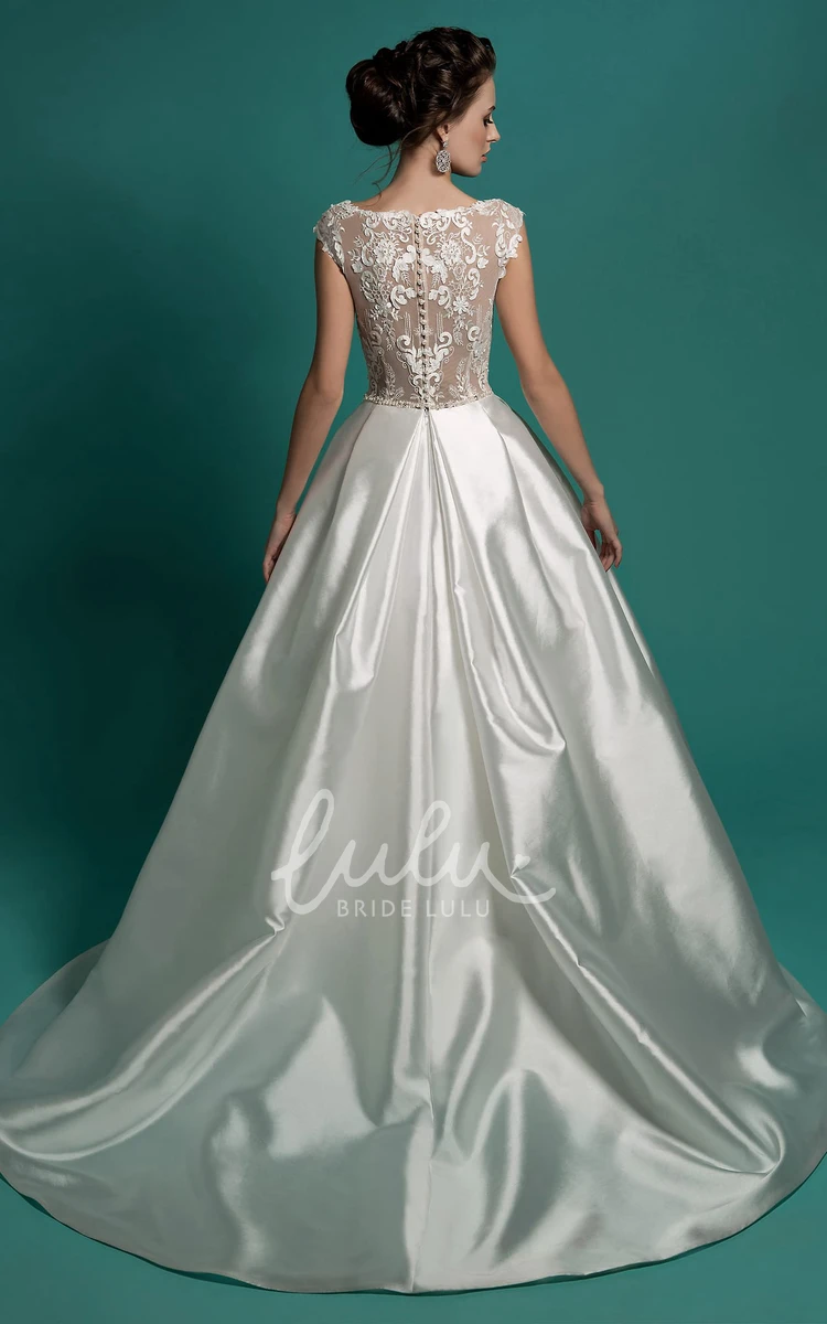 Satin A-Line Wedding Dress with Beaded Appliques and Cap Sleeves