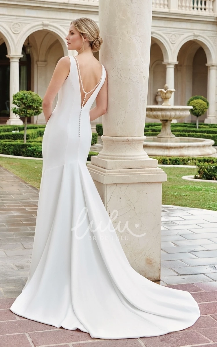 Sexy Elegant Mermaid V-neck Satin Beading Draping Bridal Dress Simple Solid Vow Renewal Floor-length Sleeveless Low-V Back with Button Wedding Gown