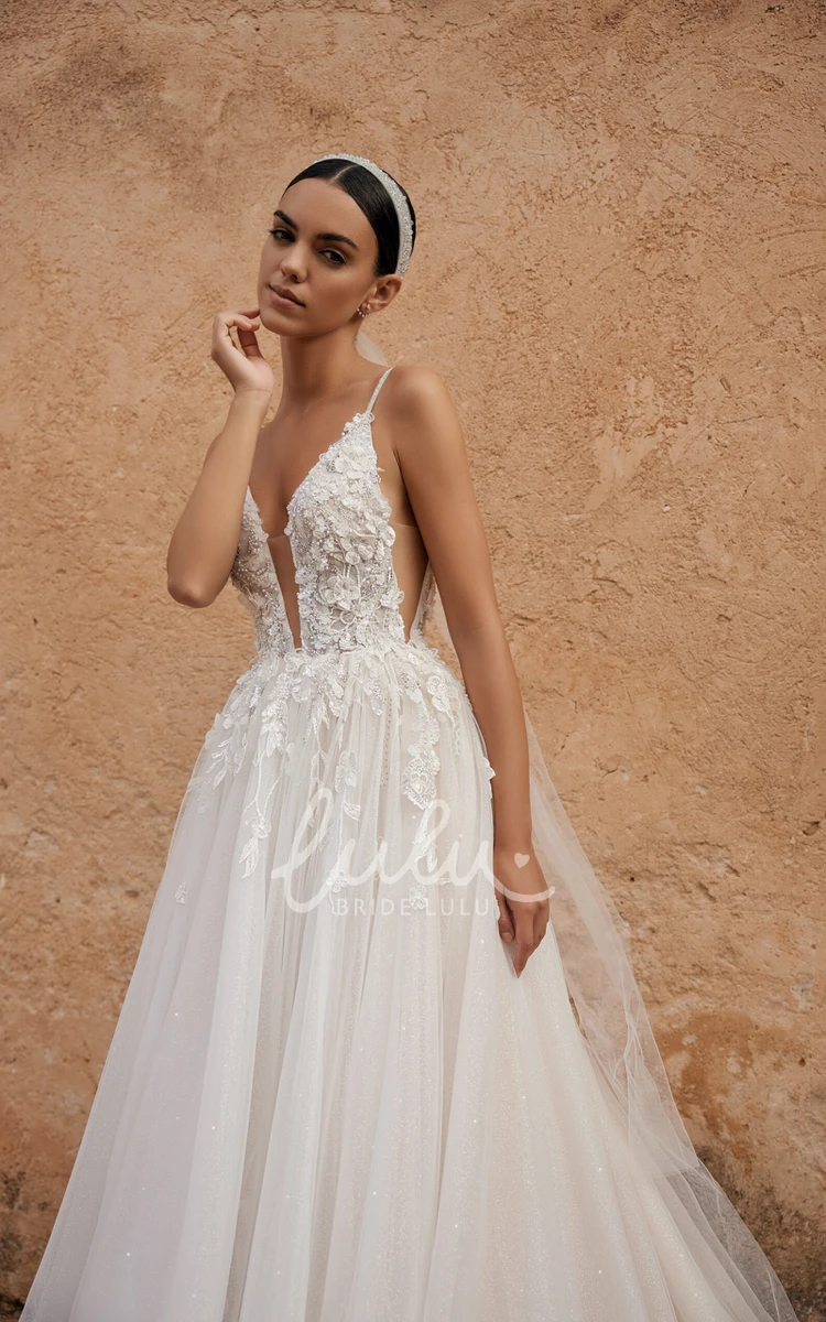 Sexy Spaghetti Lace Applique Sequin Style Strap Wedding Dress with Tulle Ruffle Court Train