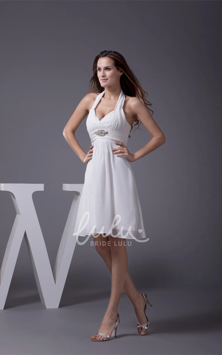 Halter A-Line Dress with Ruching and Beadings Knee-Length Sleeveless Classy