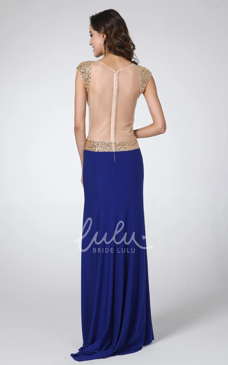 Cap-Sleeve Scoop-Neck Sheath Prom Dress with Illusion Split Front and Beading