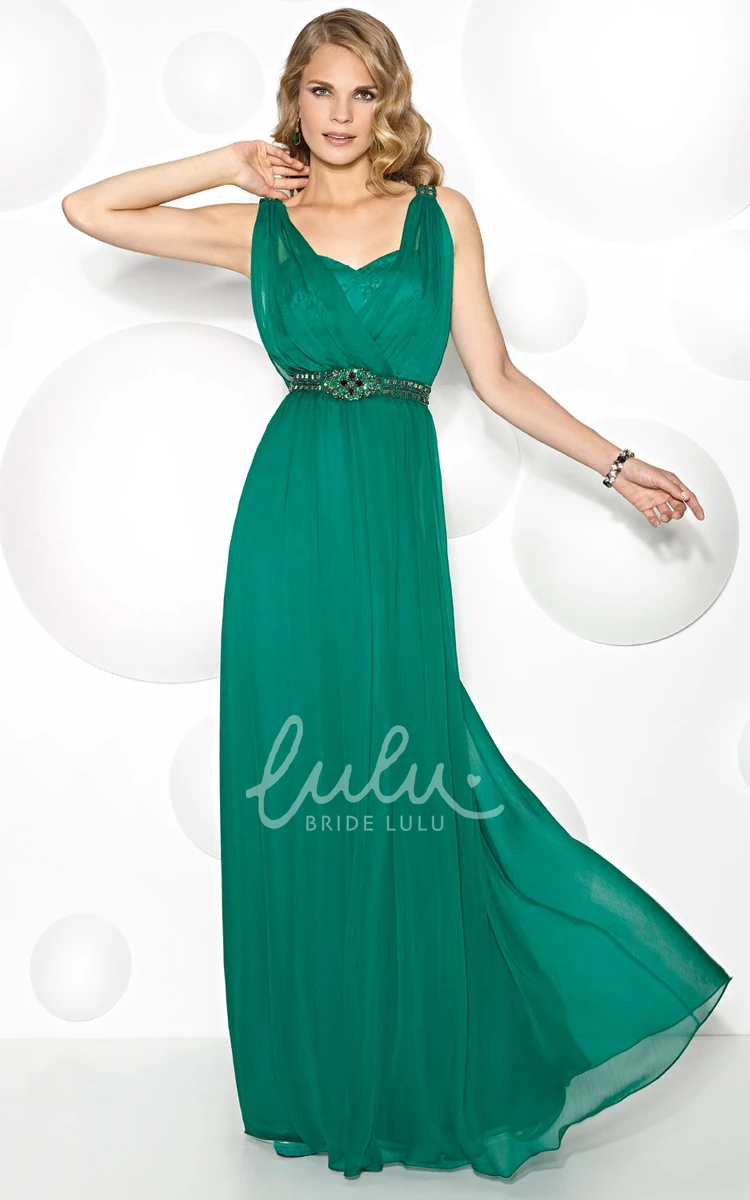 Sleeveless Chiffon V-Neck Prom Dress with Jeweled Appliques Unique Bridesmaid Dress