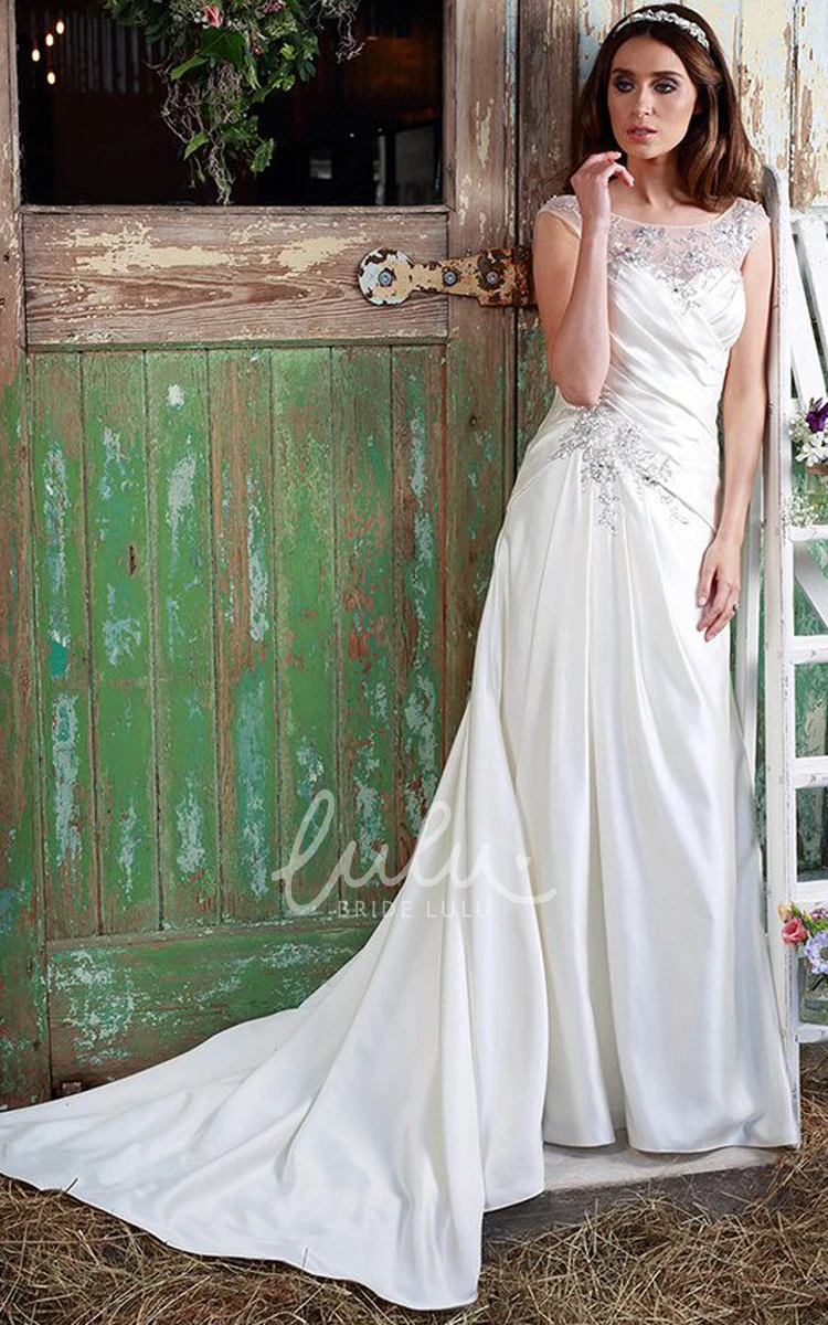 Crystal Detailing Satin Wedding Dress with Cap-Sleeves and Ruched Maxi Scoop-Neck