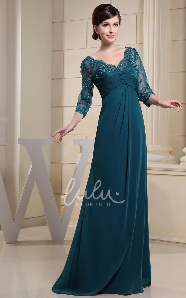 Empire Floor-Length Formal Dress with V-Neck Appliques and Illusion Sleeves