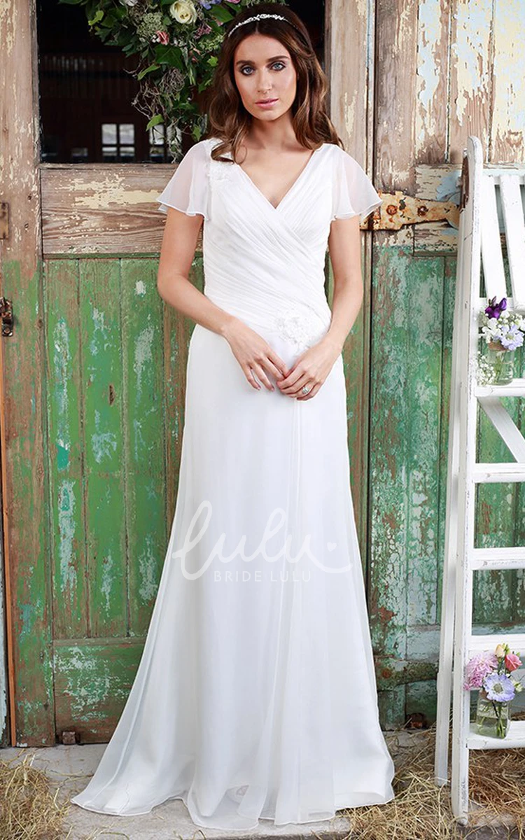 Criss Cross Chiffon Wedding Dress Sheath V-Neck Poet Sleeves