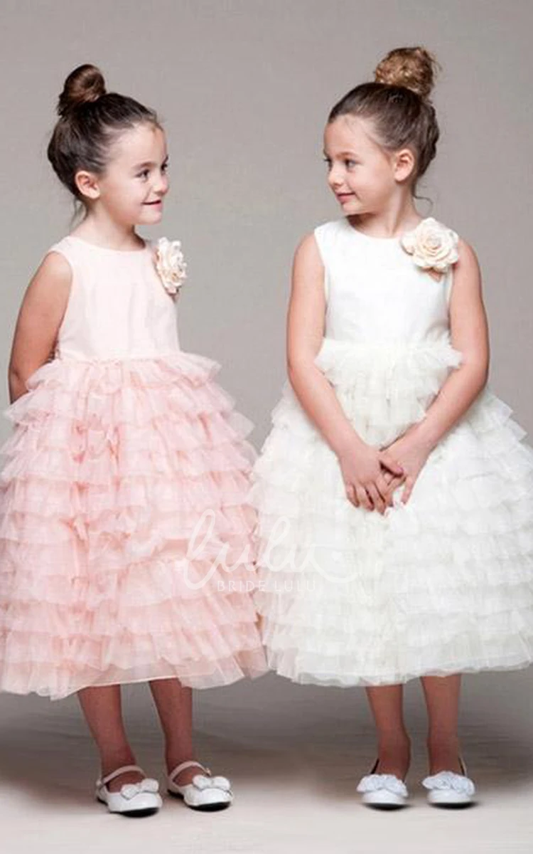 Satin and Tulle Tiered Tea-Length Flower Girl Dress