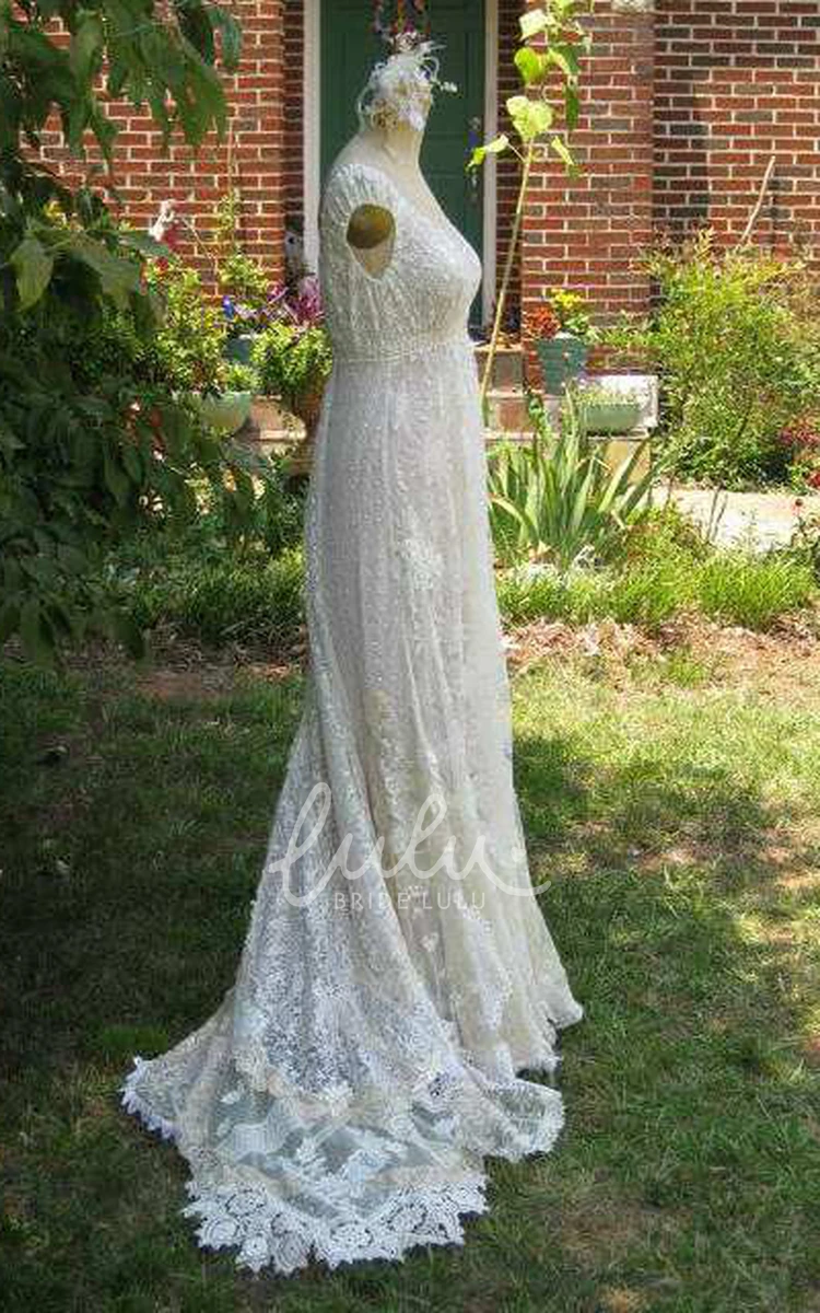 Vintage Cap-Sleeve Deep-V-Neck Lace Wedding Dress with Flower and Sweep Train