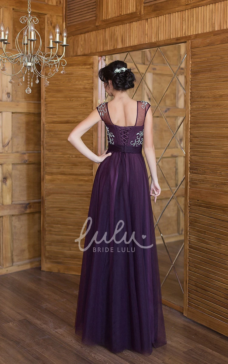 A-Line Tulle Beading Floor-Length Dress with Bateau Neckline and Short Sleeves