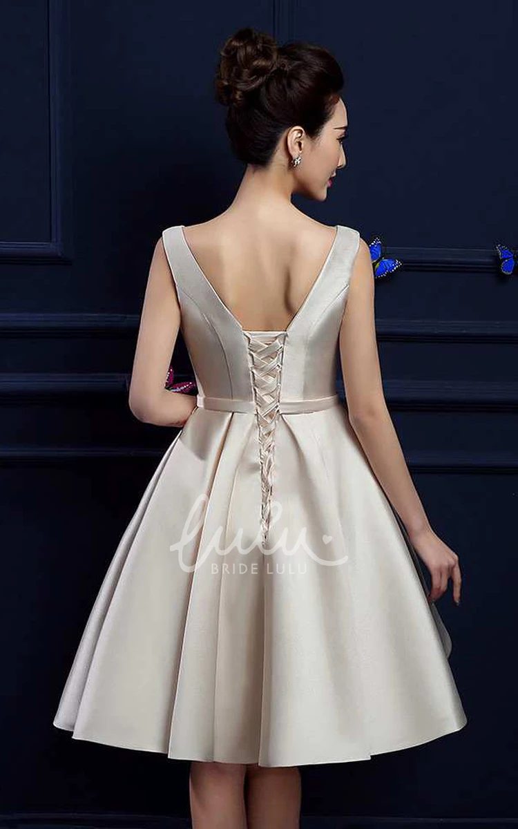 Knee-Length Satin Formal Dress with Bateau Neck and Pleats