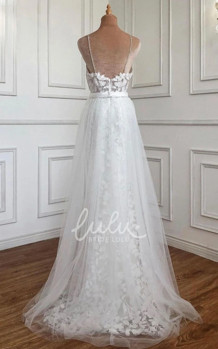 Romantic Lace A Line Prom Dress with Sash Floor-length Train Sleeveless