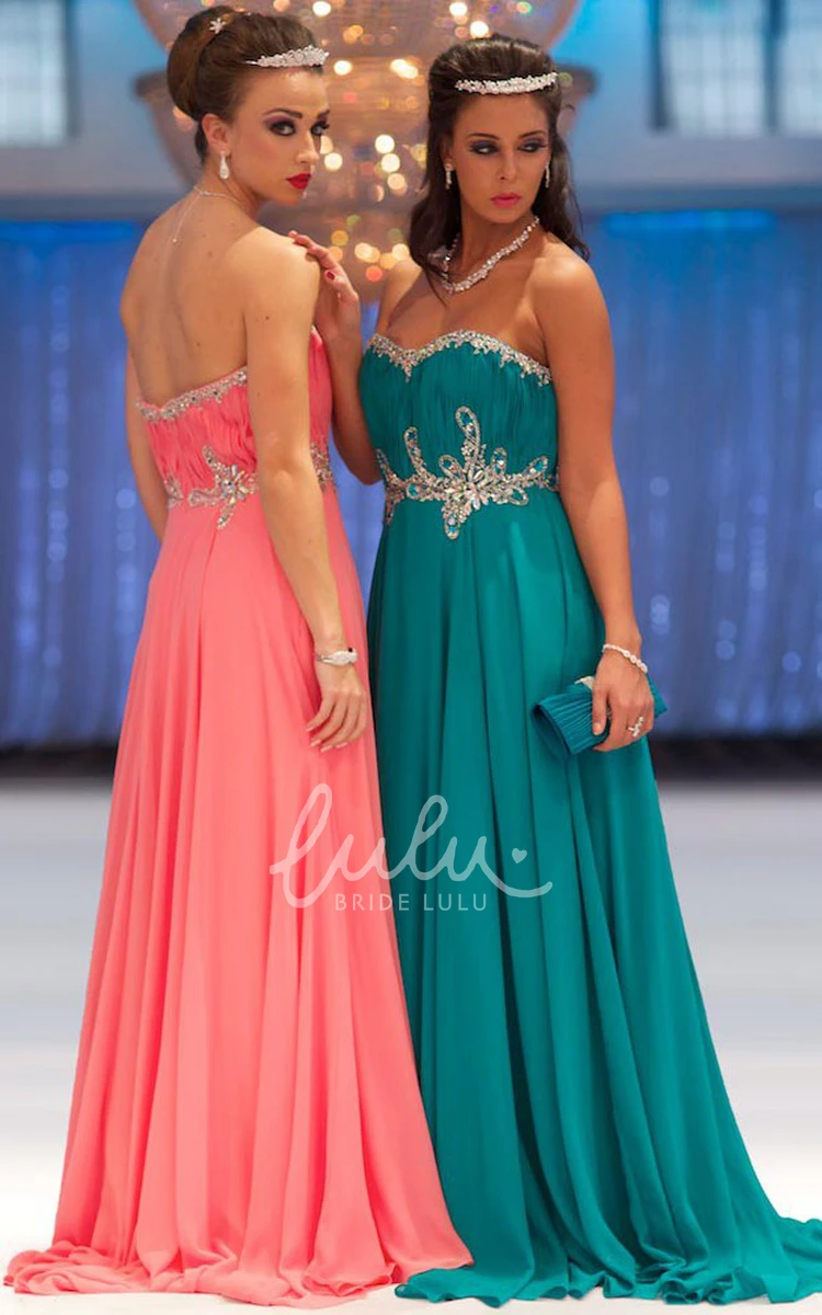 A-Line Ruched Sweetheart Chiffon Prom Dress With Beading Long Flowy Dress