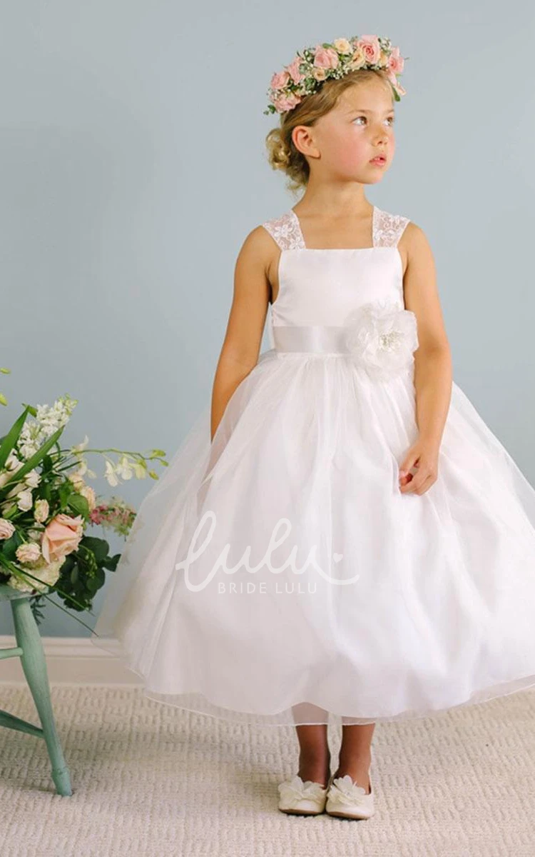 Tea-Length Floral Lace&Organza Flower Girl Dress With Sash Beautiful Bridesmaid Dress for Girls