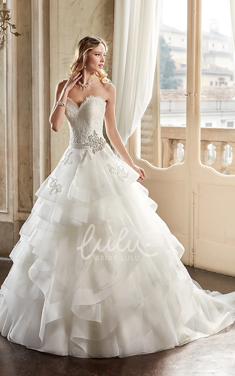 A-Line Organza Wedding Dress with Sweetheart Neckline Tiers and Broach Elegant Bridal Gown