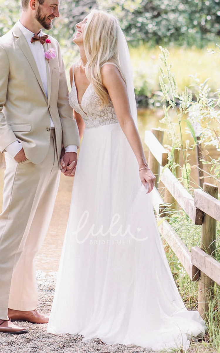Plunging Neckline A-Line Chiffon Sequin Wedding Dress with Button Back Boho & Beachy