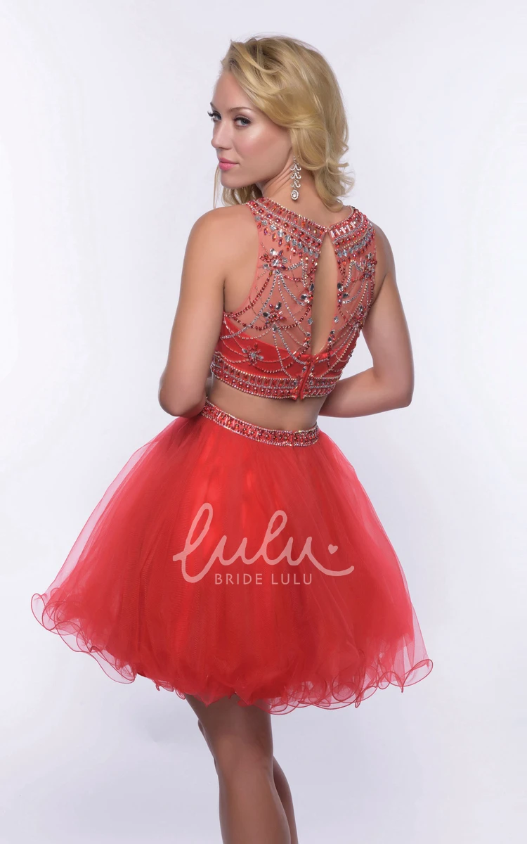 Glimmering Bodice Two-Piece Jewel Neck Sleeveless Short Tulle Homecoming Dress