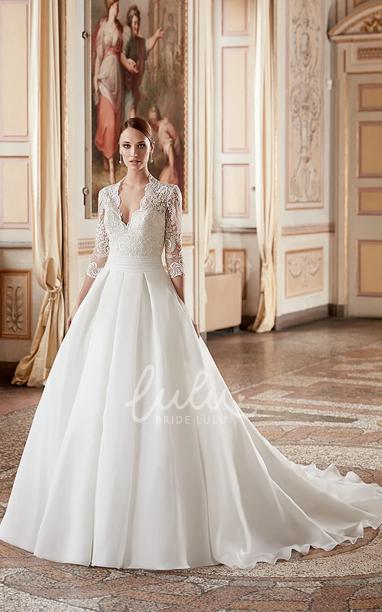 Organza V-Neck Ball Gown Wedding Dress with Illusion Sleeves