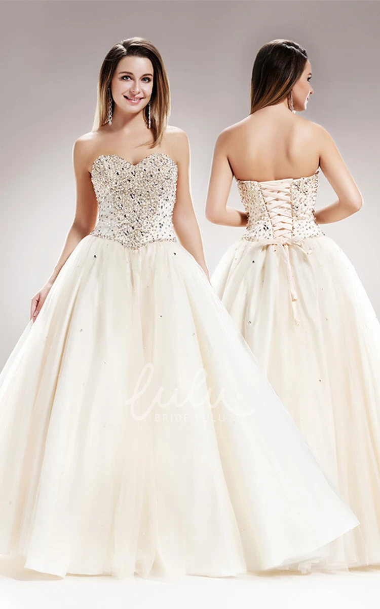 Floor-Length Satin Lace-Up A-Line Dress with Sweetheart Neckline and Beading