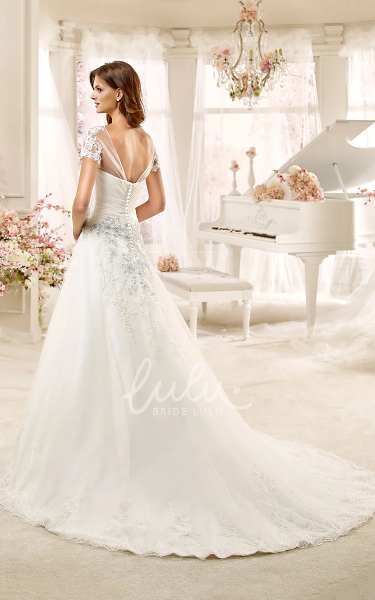 Beaded Illusion A-line Wedding Dress with Flowers Jewel Neck Elegant