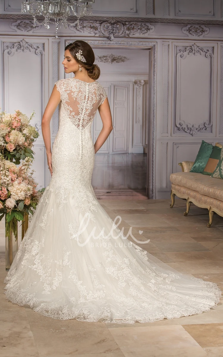 Cap-Sleeved V-Neck Mermaid Gown with Illusion Back Modern Bridal Dress