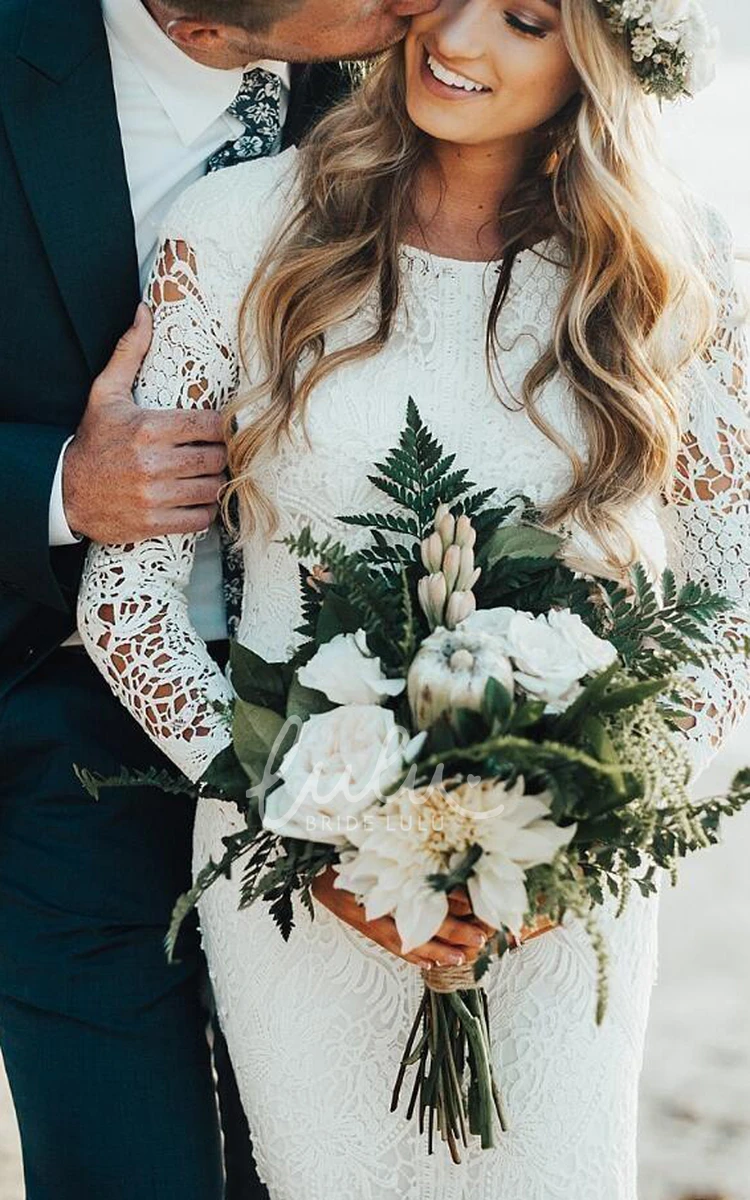 Long Sleeve Jewel Court Train Lace Simple Ethereal Wedding Dress Simple Lace Wedding Dress