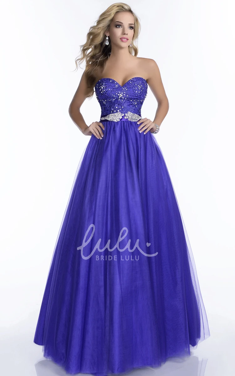 A-Line Tulle Lace Prom Dress with Beaded Waist Long