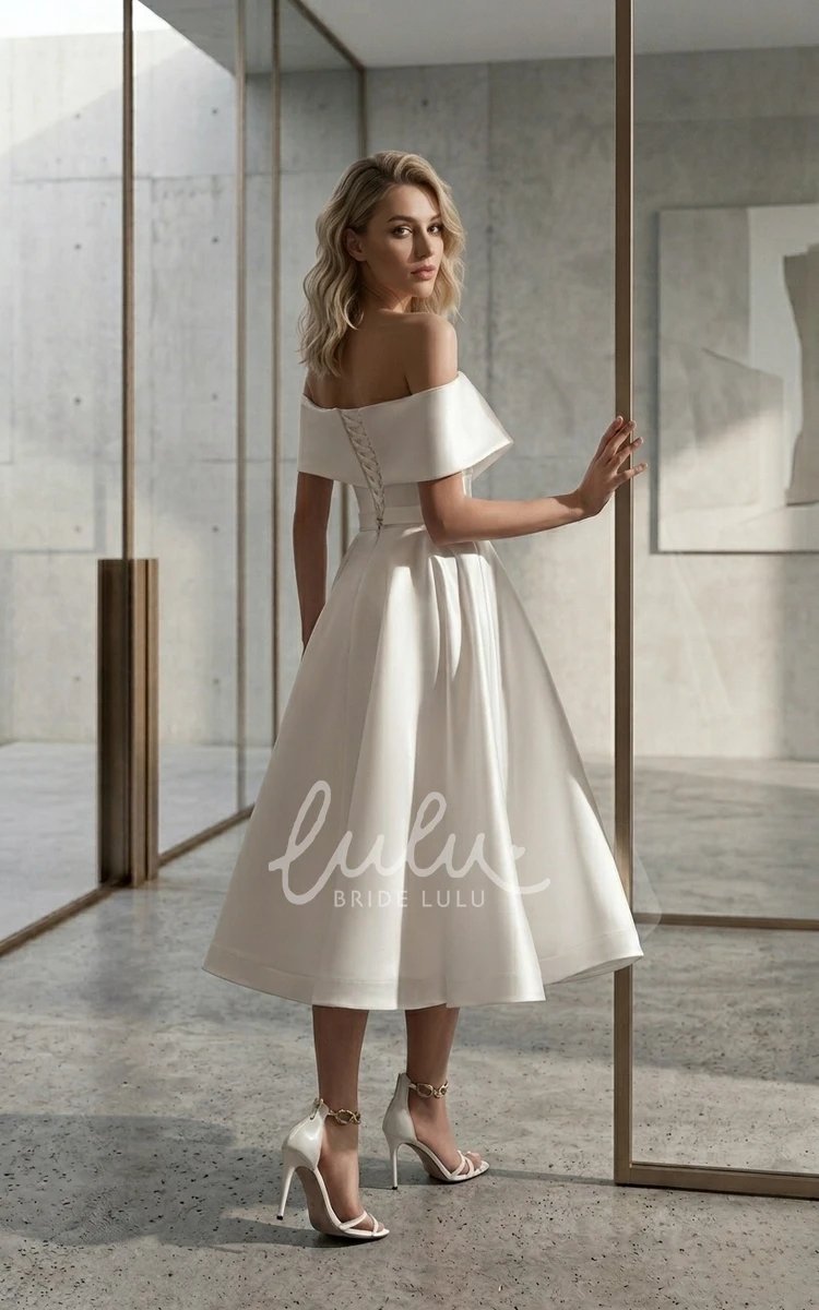 Modern A-Line Tea-length Wedding Dress Minimalist Off-the-Shoulder Criss Cross Satin Gown