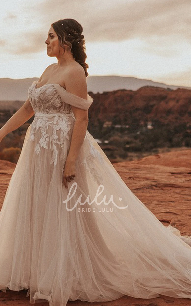 Romantic A Line Tulle Wedding Dress Off-shoulder Train Elegant Country