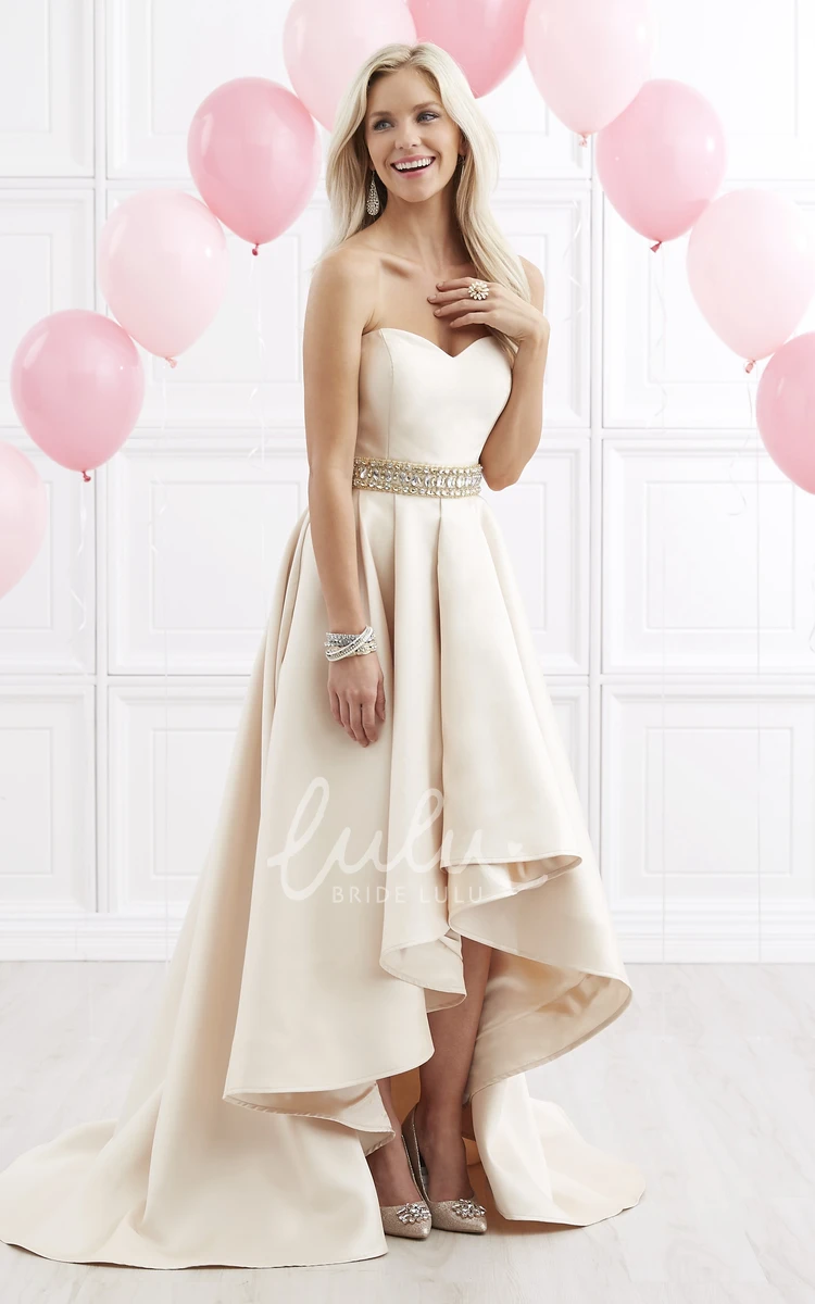 Sweetheart A-Line High-Low Satin Dress with Waist Jewelry Formal Dress