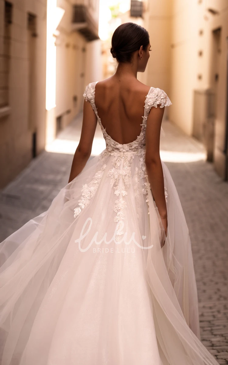 Elegant Ethereal Floor-length Plunging Neckline Flowers Lace Tulle Wedding Dress Sexy Garden A-Line Sleeveless Open Back Appliques Beaded Bridal Gown with Sash