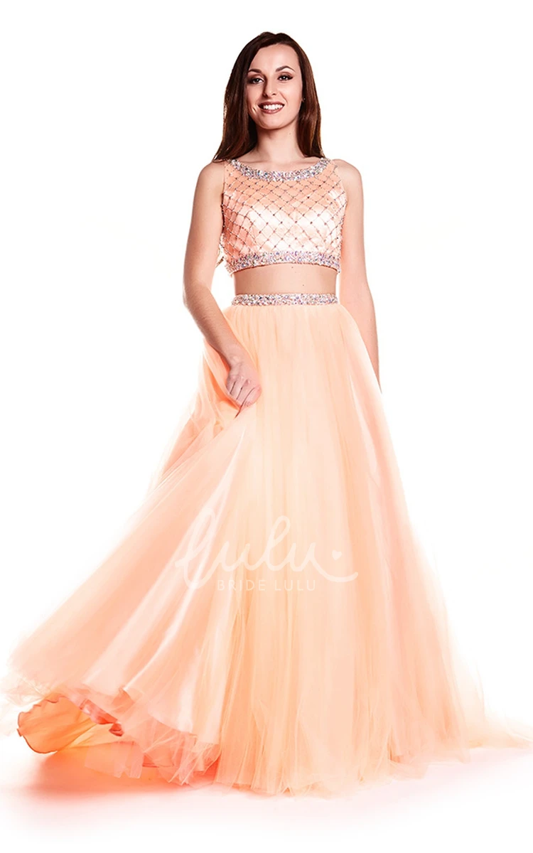 Sleeveless A-Line Beaded Tulle Prom Dress with Illusion Back