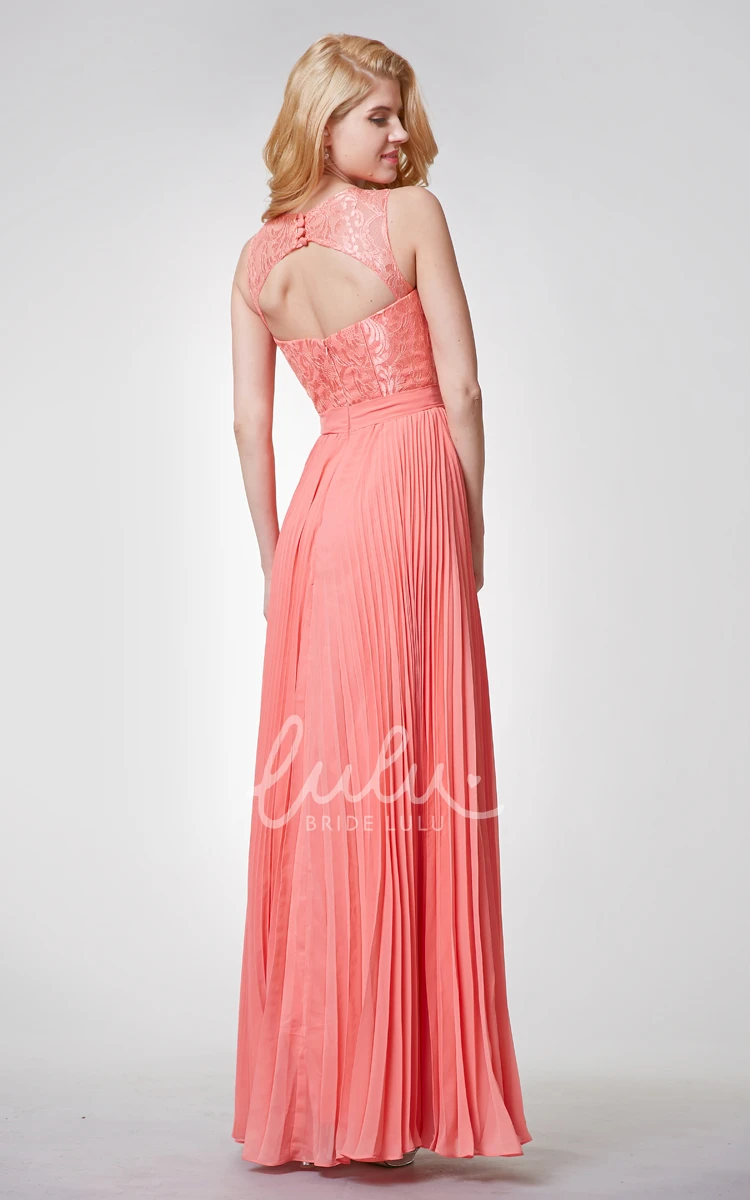 Lace Neckline A-line Chiffon Bridesmaid Dress with Pleated Skirt