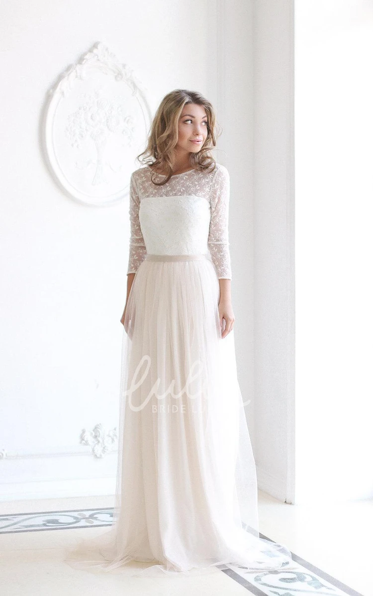 Tulle Lace Bodice Wedding Dress With Long Sleeves and Scoop Neck