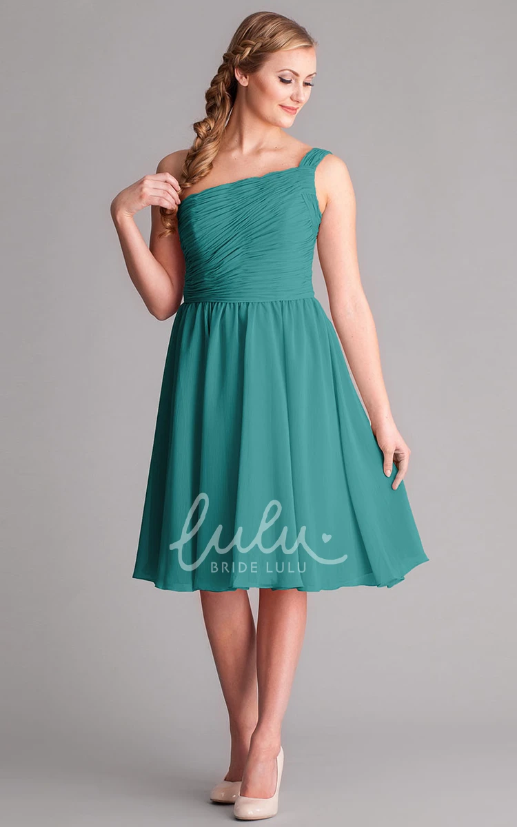 Ruched One-Shoulder Sleeveless Chiffon Bridesmaid Dress Knee-Length