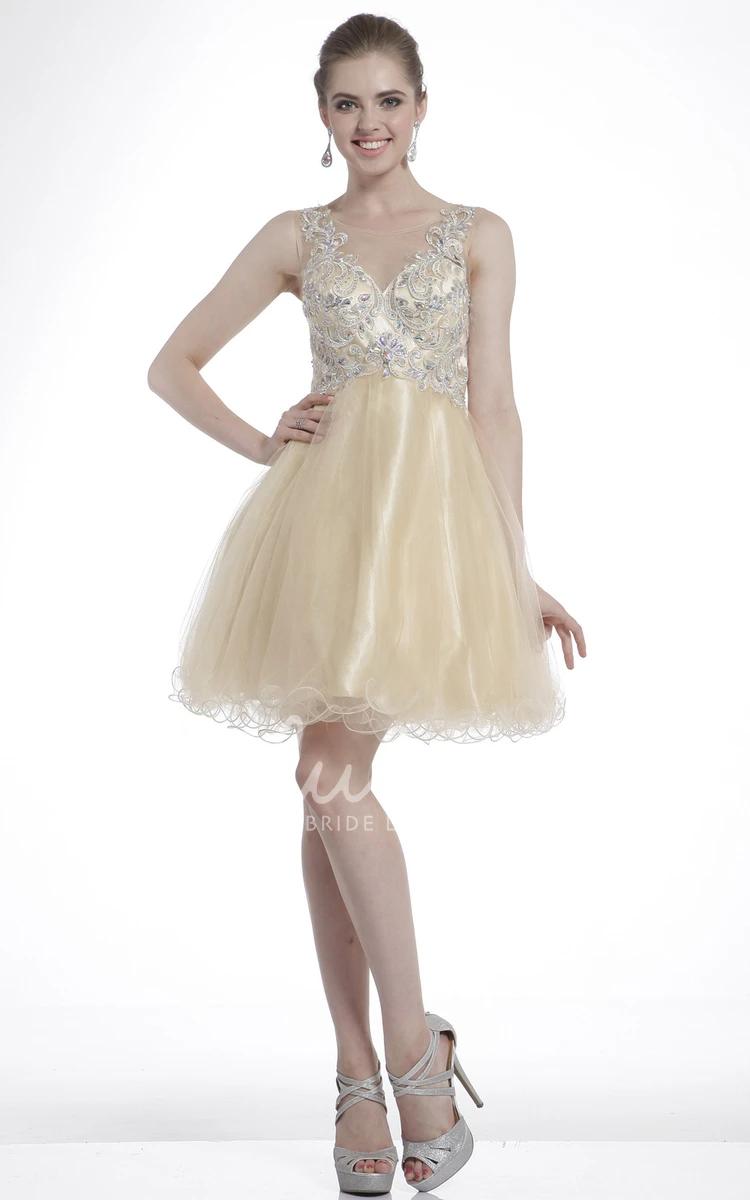 Sleeveless Tulle Satin A-Line Formal Dress with Beading and Ruffles