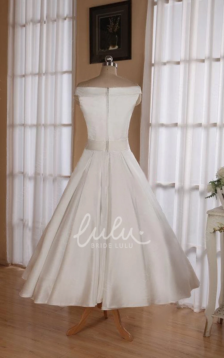 Off-The-Shoulder Satin Tea-Length Wedding Dress with Sash Simple & Timeless