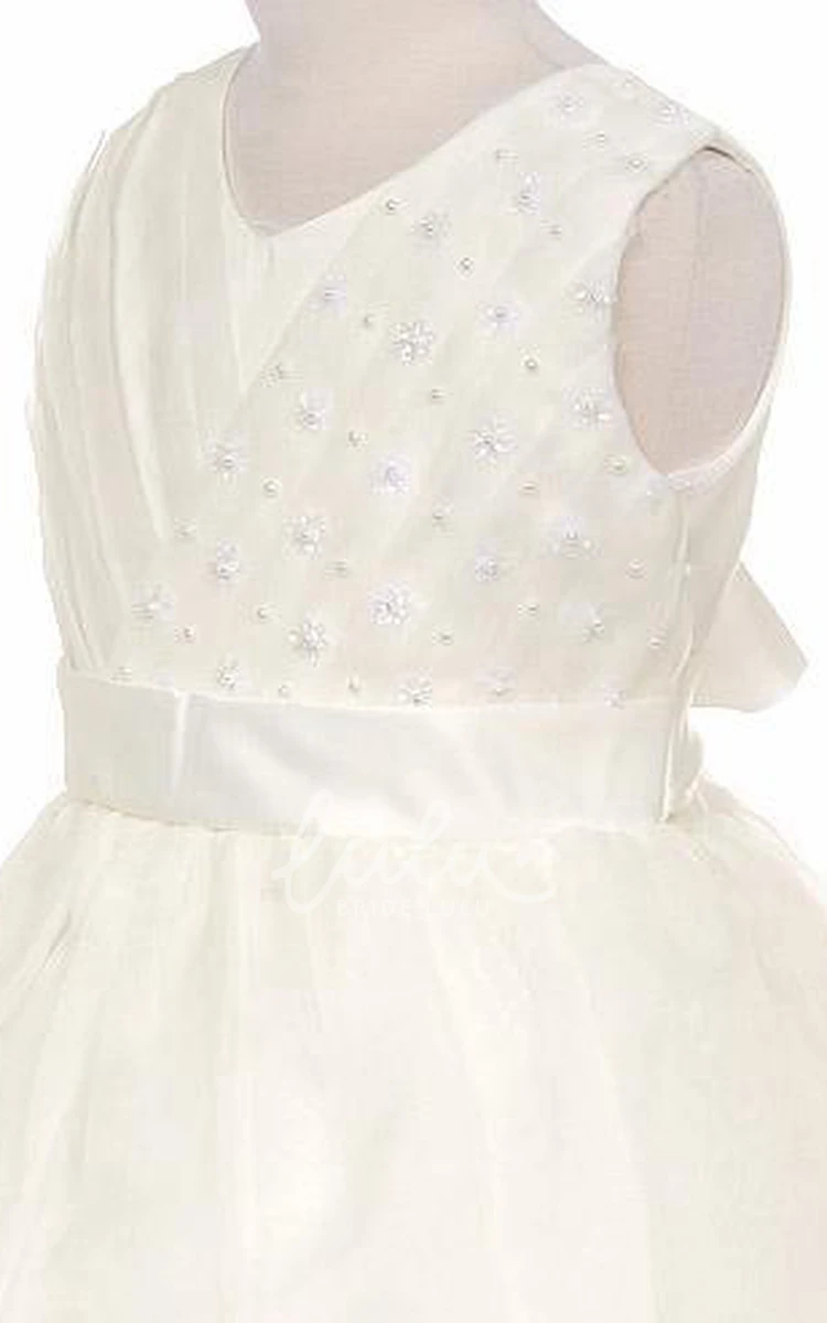 Organza Satin Flower Girl Dress V-Neck Pleated Tea-Length