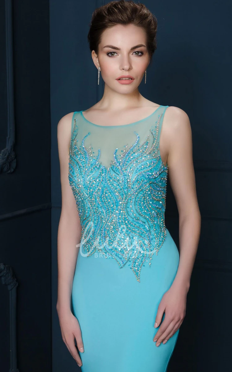 Long Sleeveless Jersey Evening Dress with Beaded Scoop-Neck in Sheath Style